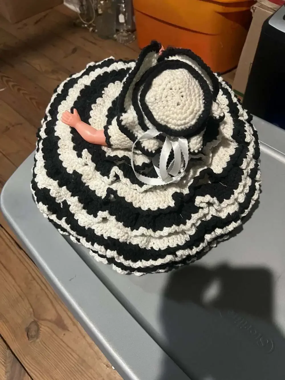Vintage Hand-Crochet Doll Toilet Paper Holder Black and White